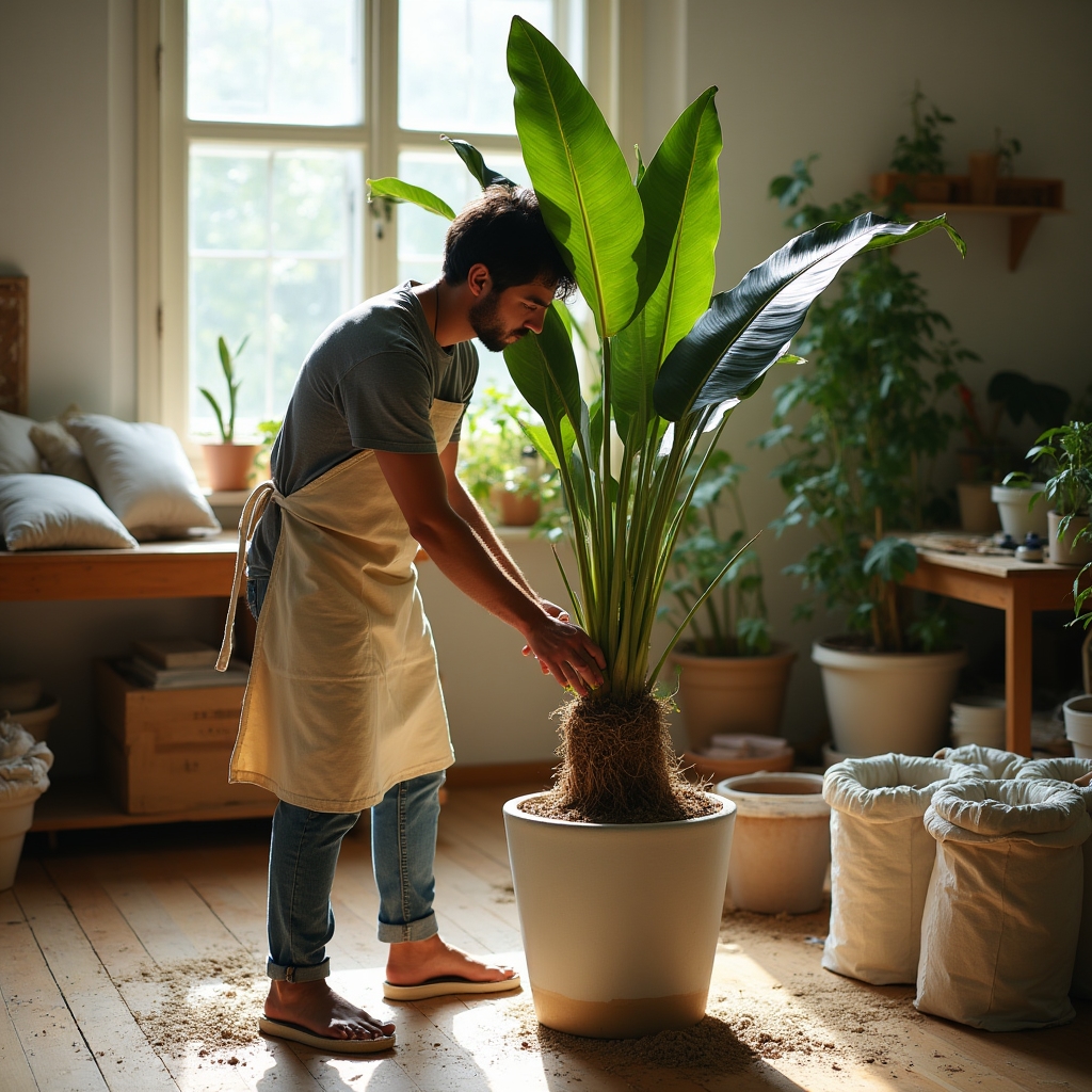 Gärtner beim Einpflanzen einer großen Strelitzia in ein Fiberzement-Gefäß