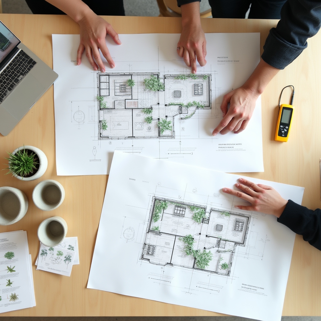 Planungsgespräch für ein Begrünungsprojekt mit Architekturzeichnungen